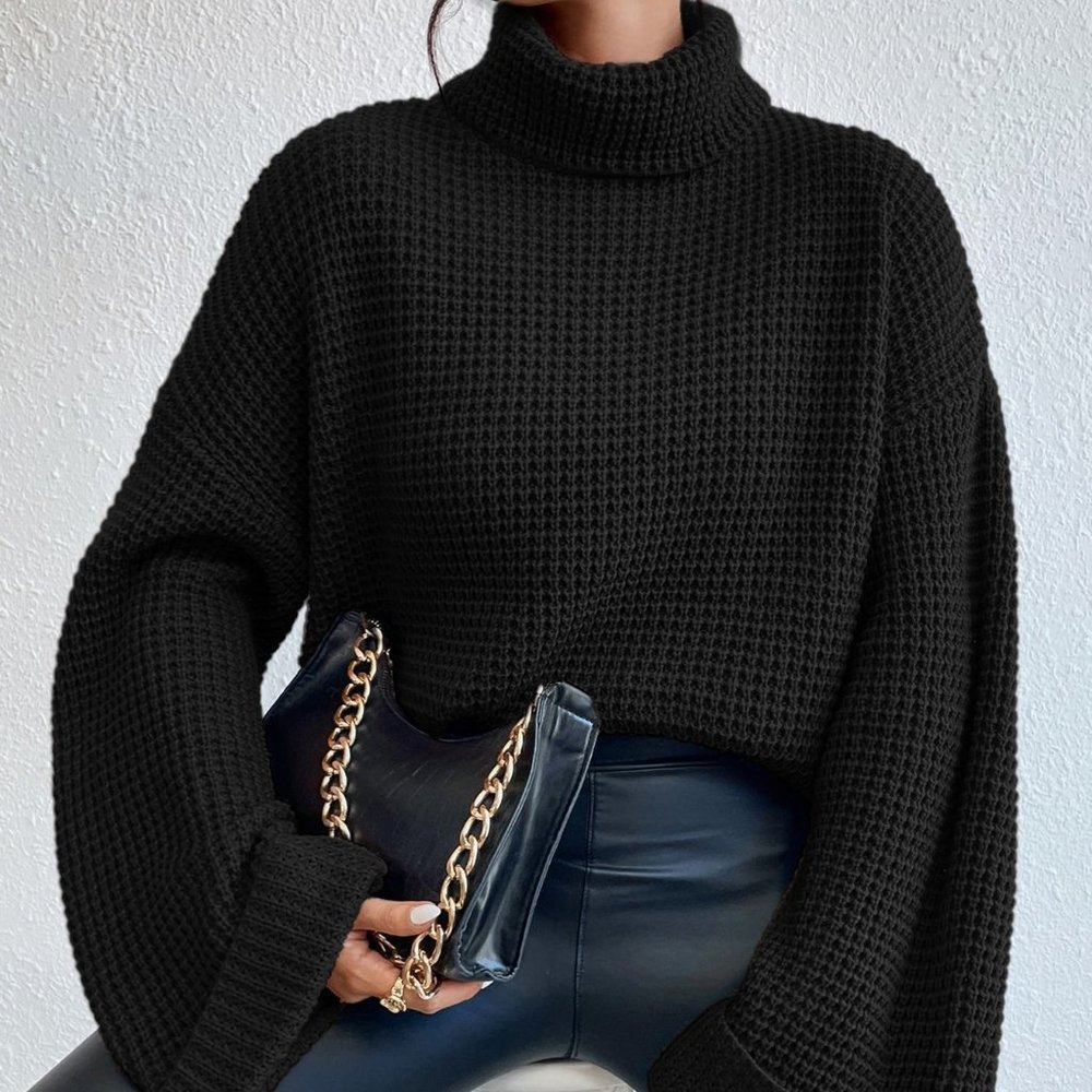 Black Casual Womens Turtleneck Drop Shoulder Waffle Knit Sweater - Picture 3 of 5